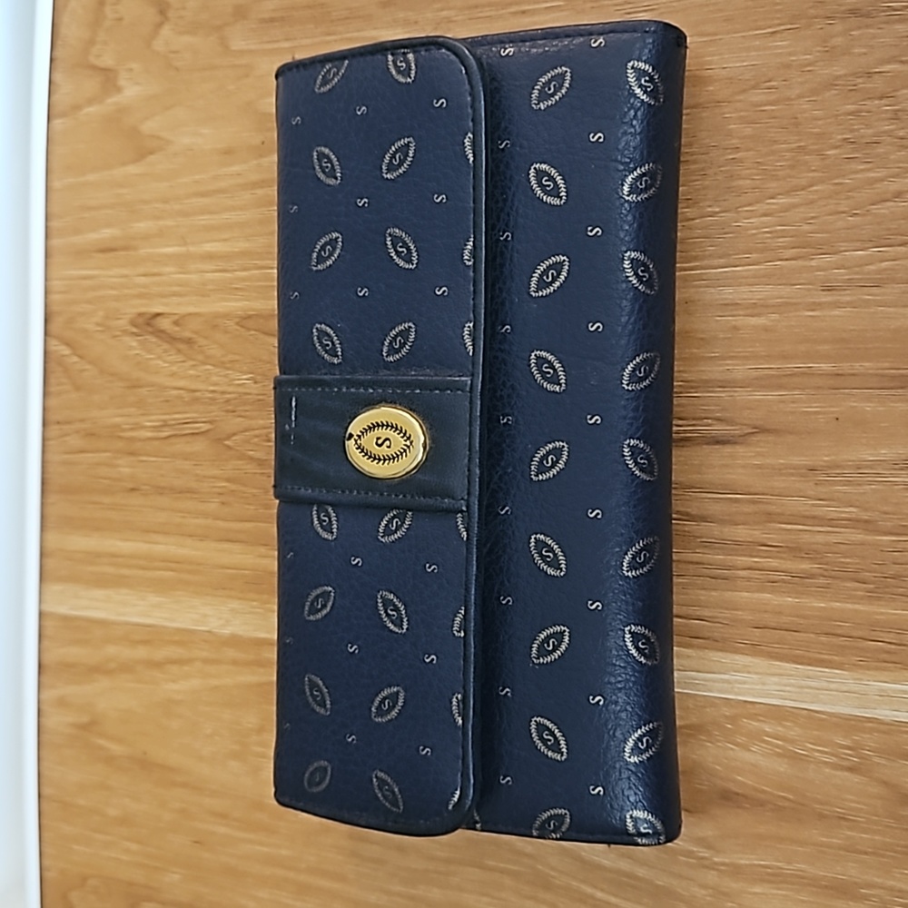 Vintage SARNA Trifold Wallet by Roger Gimble- Gold Logo Navy Blue